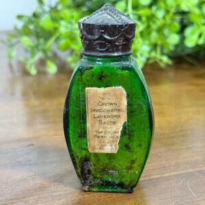 Antique Crown Perfumery Lavender Salts Green Glass Bottle London Original Cap